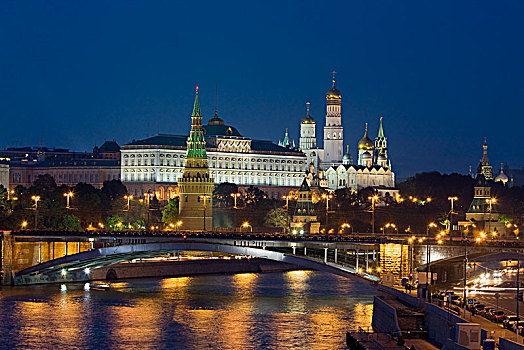 莫斯科,克里姆林宫,大教堂,宫殿,桥,河,夜晚,俄罗斯,欧洲