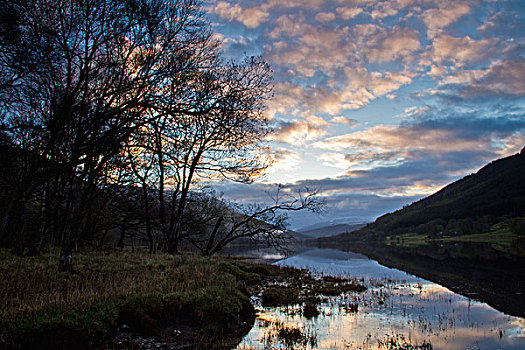 湖,黎明,洛蒙德湖,特罗萨克斯山,国家公园,苏格兰