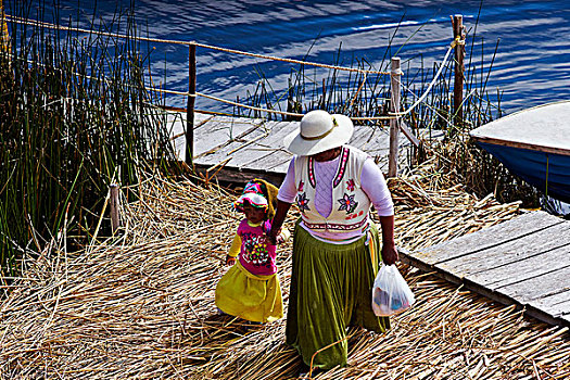 女儿,帽子,传统服饰,漂浮,岛屿,提提卡卡湖,秘鲁,湖,南美,本土文化