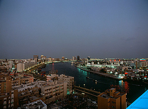 风景,迪拜河,夜晚