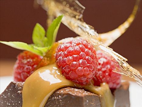 巧克力块,点心,树莓,焦糖,特写