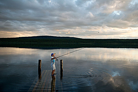 男孩,钓鱼,湖