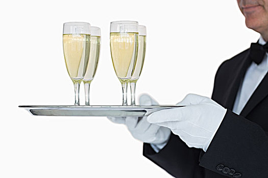 服务员,托盘,满,玻璃,香槟