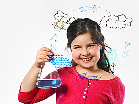 女孩,拿着,锥形烧瓶,蓝色,液体,正面,蒸发,插画,清晰,表面
