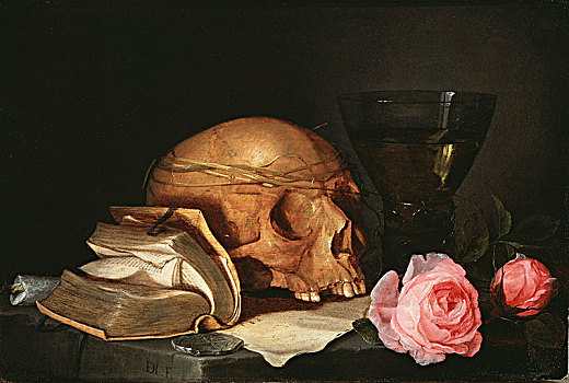 静物,头骨,书本,玫瑰