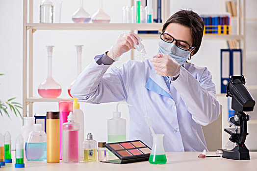 实验室,化学家,检查,美,化妆,商品