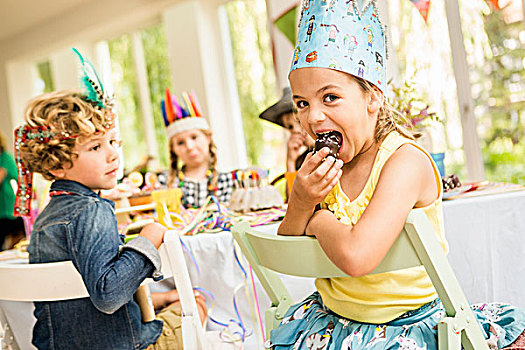 女孩,头像,吃,蛋糕,儿童,生日派对