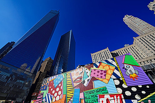 建筑工地,涂鸦,装饰,墙壁,正面,一个,世贸中心,运输,零点地带,曼哈顿,纽约,美国,北美