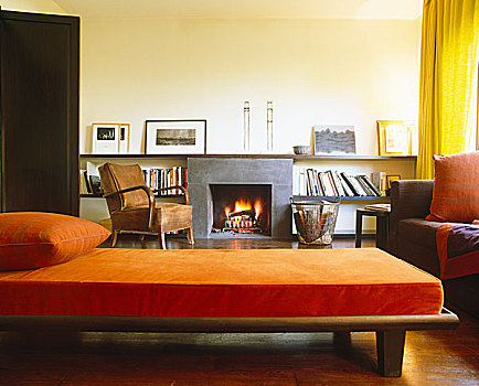 橙色,软垫,沙发床,正面,壁炉,燃火