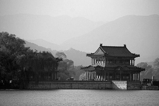 老北京,皇家园林,湖面,亭子