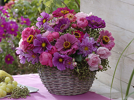 粉色,夏末,花束,篮子,花瓶