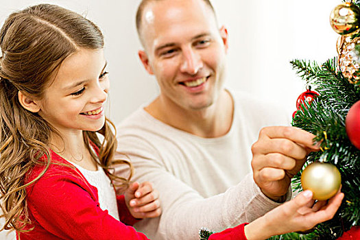 家庭,休假,人,概念,微笑,女孩,父亲,装饰,圣诞树,在家