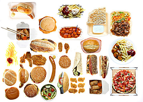 多样,快餐,食物,汉堡包,香肠,炸薯条,比萨饼,土耳其烤肉,热狗,肉排,三明治,咖喱酱,鱼肉卷