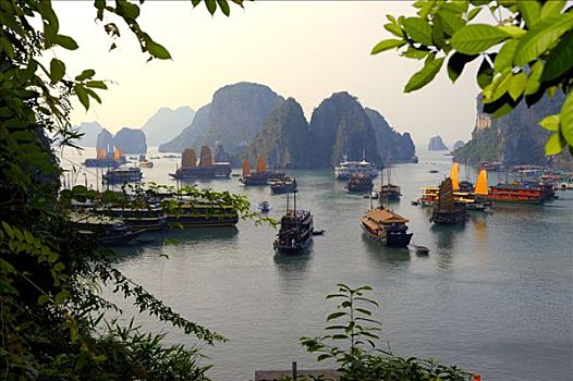 船,正面,岩石构造,下龙湾,河内,东南亚
