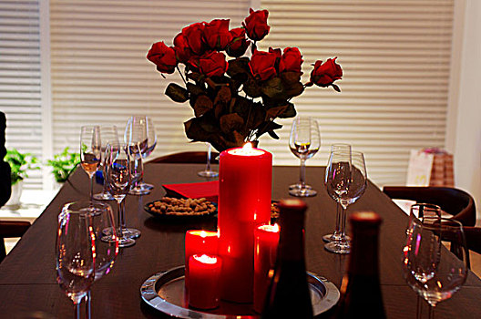 情人节烛光晚宴,玫瑰烛光葡萄酒餐桌派对