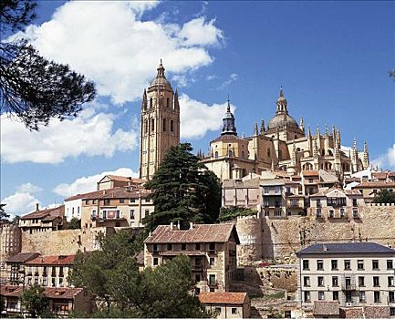 大教堂,教堂,尖顶,建筑,树,塞戈维亚,西班牙,欧洲
