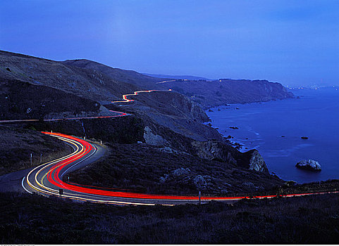 沿岸,公路,夜晚,加利福尼亚,美国