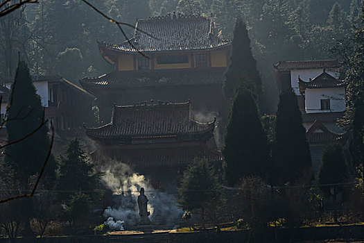 树,蓝,背景,池塘,倒影,烟,枯枝,寺庙,太阳,阳光,水,岸,淤泥,泥潭,村庄,山岗