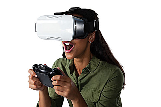 女人,玩,电子游戏,虚拟现实,耳机,白色背景