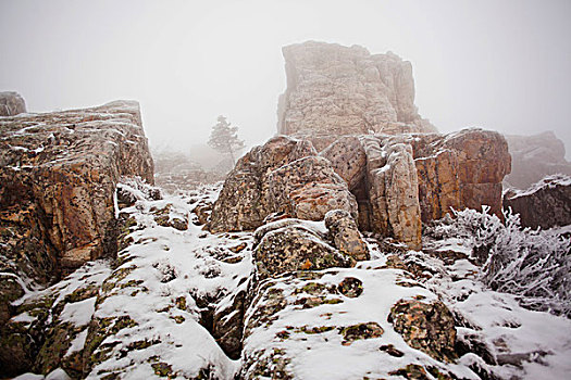 积雪,岩石构造,雾气,乡村,俄罗斯
