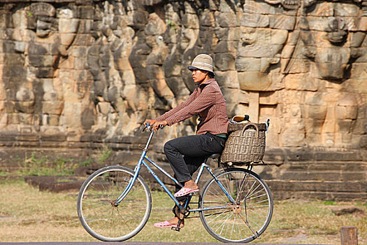 柬埔寨,收获,女人,骑自行车,吴哥