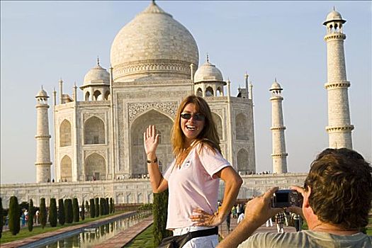 印度,游客,男人,拍照,女人,正面,泰姬陵