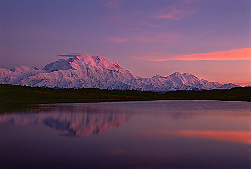 日落,麦金利山,德纳里峰国家公园,阿拉斯加,反射
