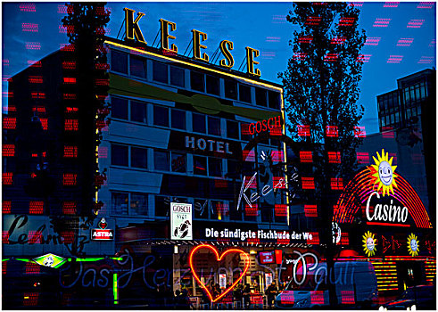 二次曝光,霓虹灯,标识,地区,汉堡市,德国