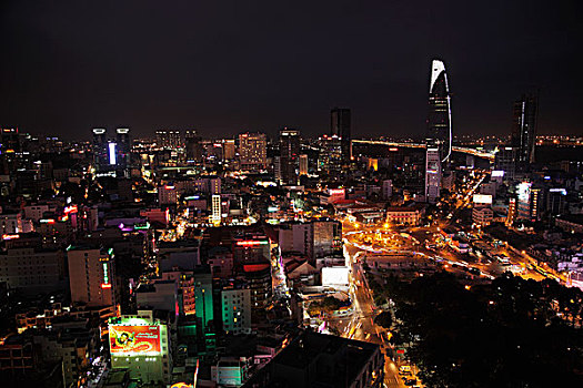 航拍,夜晚,胡志明市,金融,塔,背景,越南