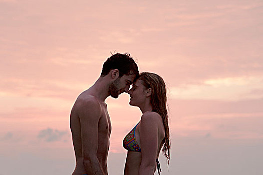伴侣,搂抱,海滩,日落