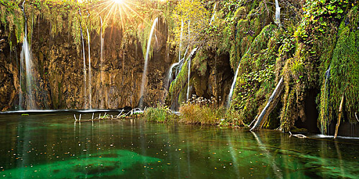 湖,太阳,逆光,水,绿色,秋天,瀑布,克罗地亚