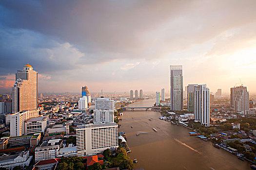 曼谷,天际线,日落