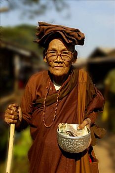 老太太,女僧侣,请求,器具,吉谛瑜佛塔,塔,巴格,缅甸