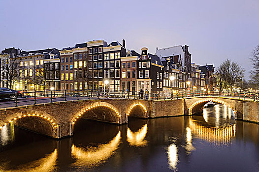 桥,黃昏,运河,阿姆斯特丹,荷兰