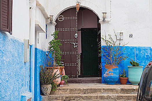 摩洛哥,拉巴特,销售,小,狭窄,街道,附近,著名,鲜明,蓝色,墙,老城