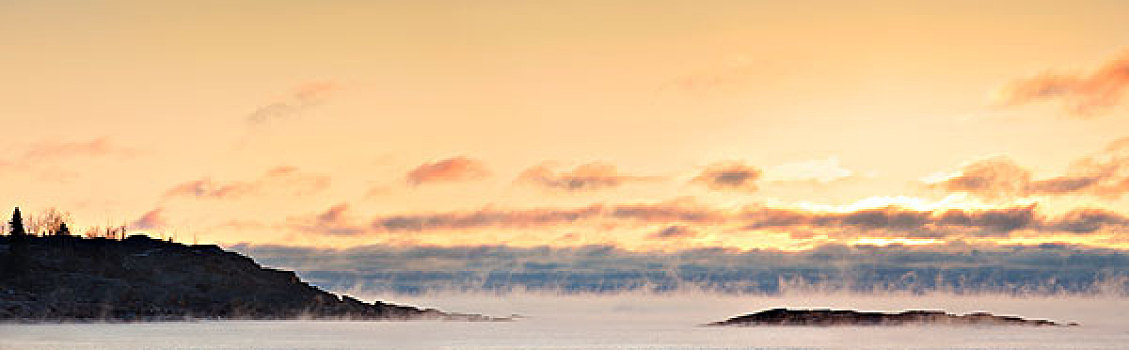 冬天,薄雾,苏必利尔湖,日出,梯田,湾,安大略省,加拿大