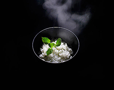 蒸汽,碗,日本,米饭,小,叶子,黑色背景