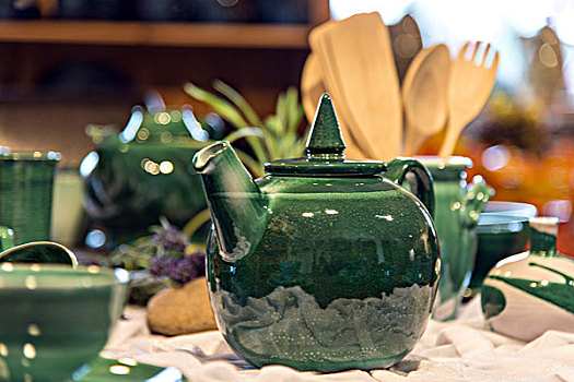 桌子,绿色,陶瓷,茶壶,杯子