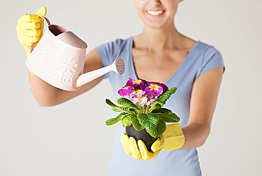 女人,拿着,容器,花,洒水壶