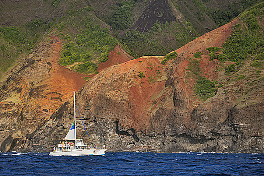 帆船,海洋,悬崖,纳帕利海岸,考艾岛,夏威夷,美国