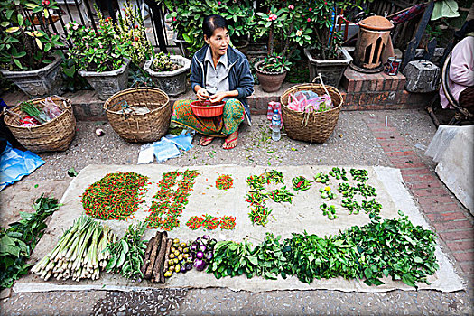 销售,蔬菜,市场,琅勃拉邦,老挝