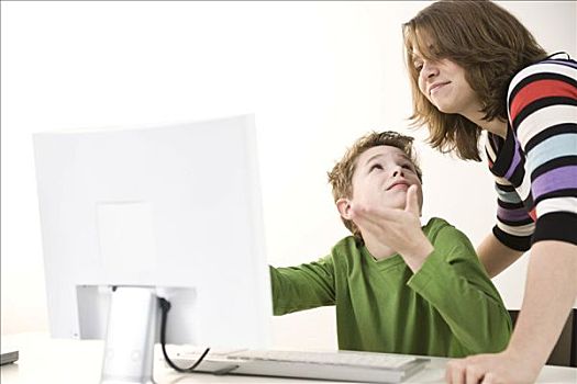 女青年,男孩,工作,电脑
