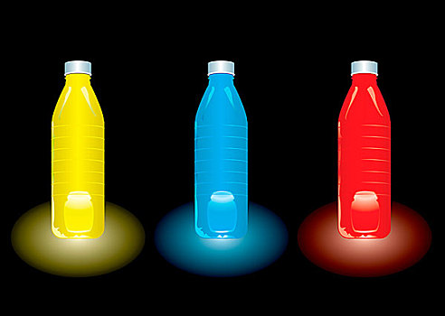 三个,瓶子,不同,色彩,果汁,黑色背景