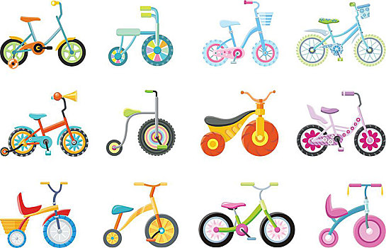 儿童,自行车,三轮车,象征,孩子,玩具,隔绝,物体,设计,白色背景,背景,矢量,插画