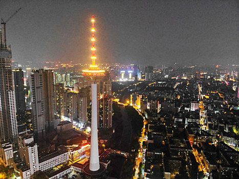 航拍辽宁沈阳辽宁广播电视塔,辽宁彩电塔,夜景灯光秀