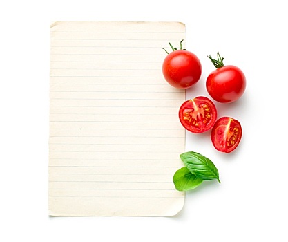 西红柿,罗勒叶,白纸