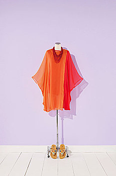 橙色,透明,雪纺,连衣裙,红色,项链,人体模型