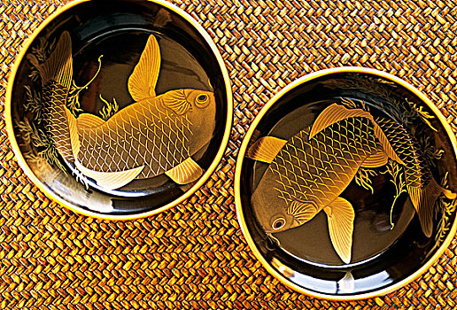 日本,东京,两个碗,涂绘,鱼