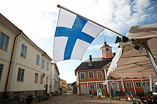 芬兰,南方,东方,市场,广场,老市政厅,中世纪,木屋,旗帜