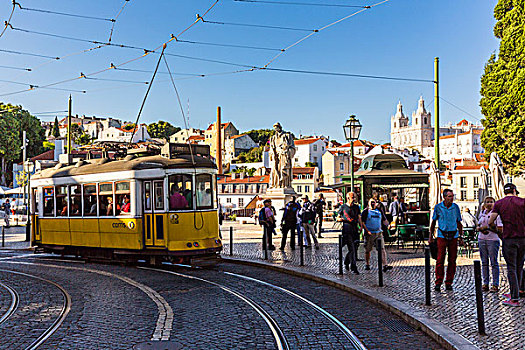 老,黄色,有轨电车,正面,雕塑,优雅,寺院,阿尔法马区,地区,里斯本,葡萄牙